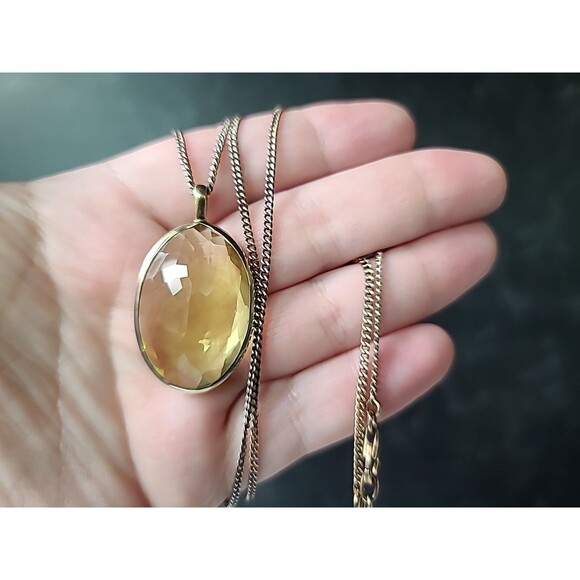 Vermeil 925 Sterling Silver Oval Cut Yellow Quartz Pendant Necklace Vintage - Picture 1 of 10